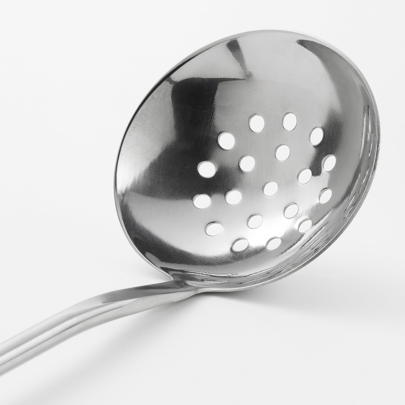 Stainless-steel skimmer with bowl, holes, sturdy handle for comfortable cooking.