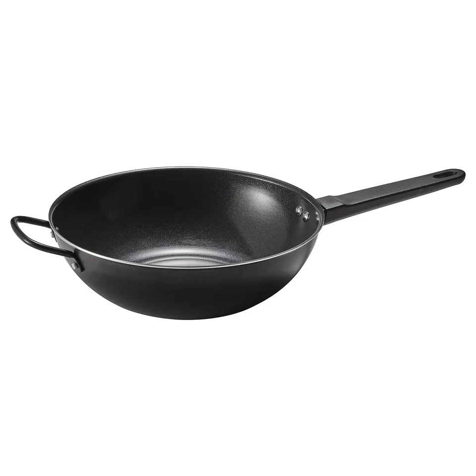 Black wok with two handles and non-stick coating; ideal for stir-frying.