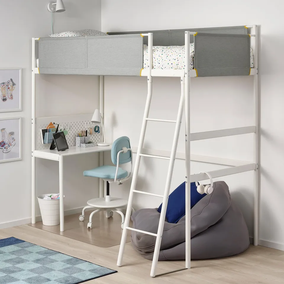 VITVAL desk & loft bed: white, study underneath, space-saving for small rooms