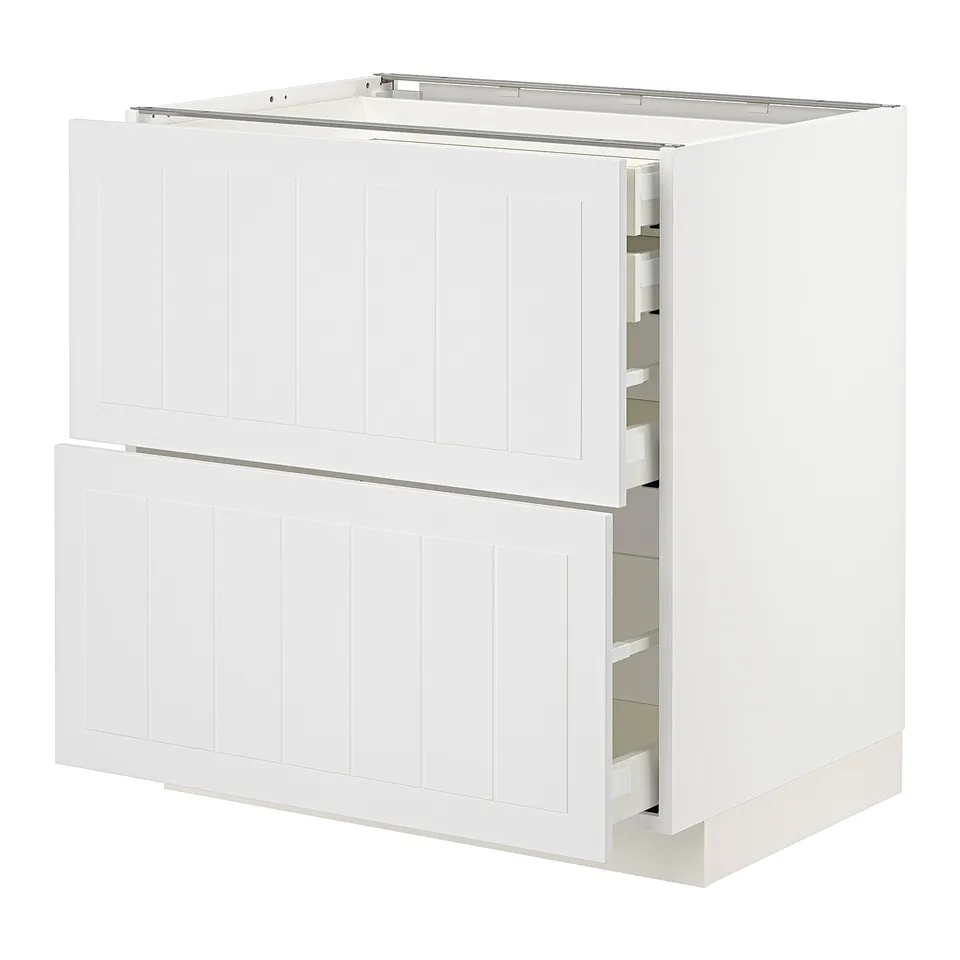 METOD kitchen unit, white with vertical grooves, includes drawers, sleek and modern design.