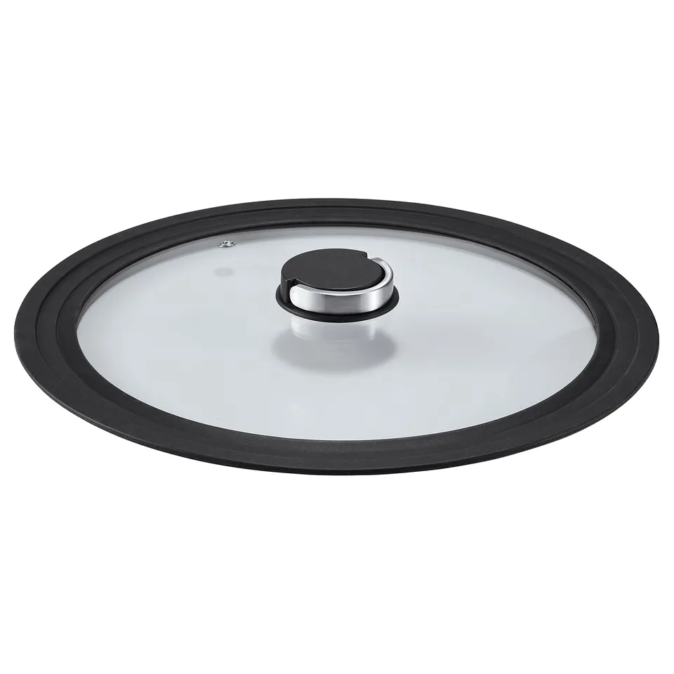 A black KLOCKREN lid with a glass centre, featuring a foldable handle and a steam vent.
