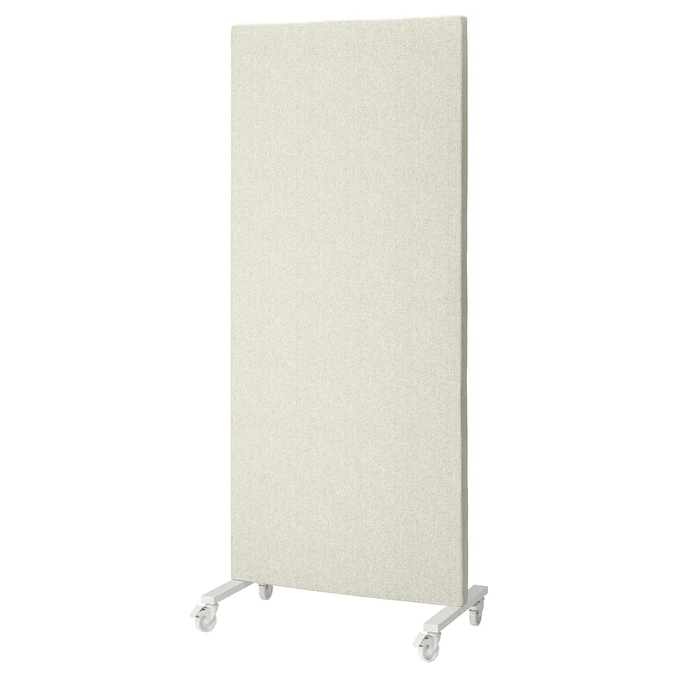 MITTZON acoustic screen: light beige, rectangular with wheels, portable design.