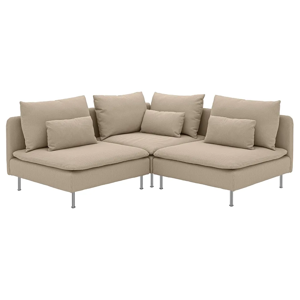 SÖDERHAMN corner sofa, beige, cushioned, stylish airy design, deep seats, high legs.