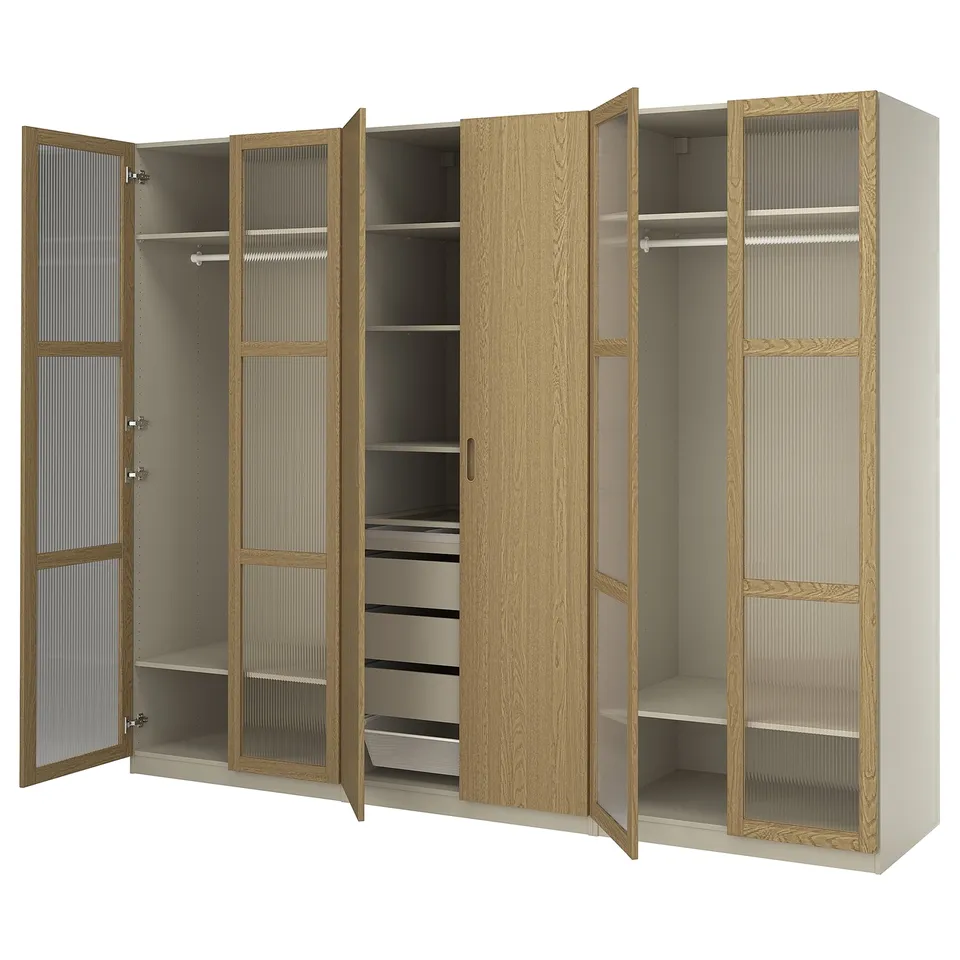 PAX wardrobe: light wood, tall, four doors, two with glass, two with shelves and drawers.