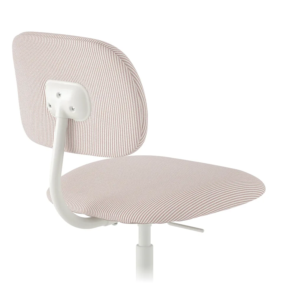 A modern office chair with white metal frame and rose-patterned fabric. It has adjustable height and padded seat, ensuring comfort.