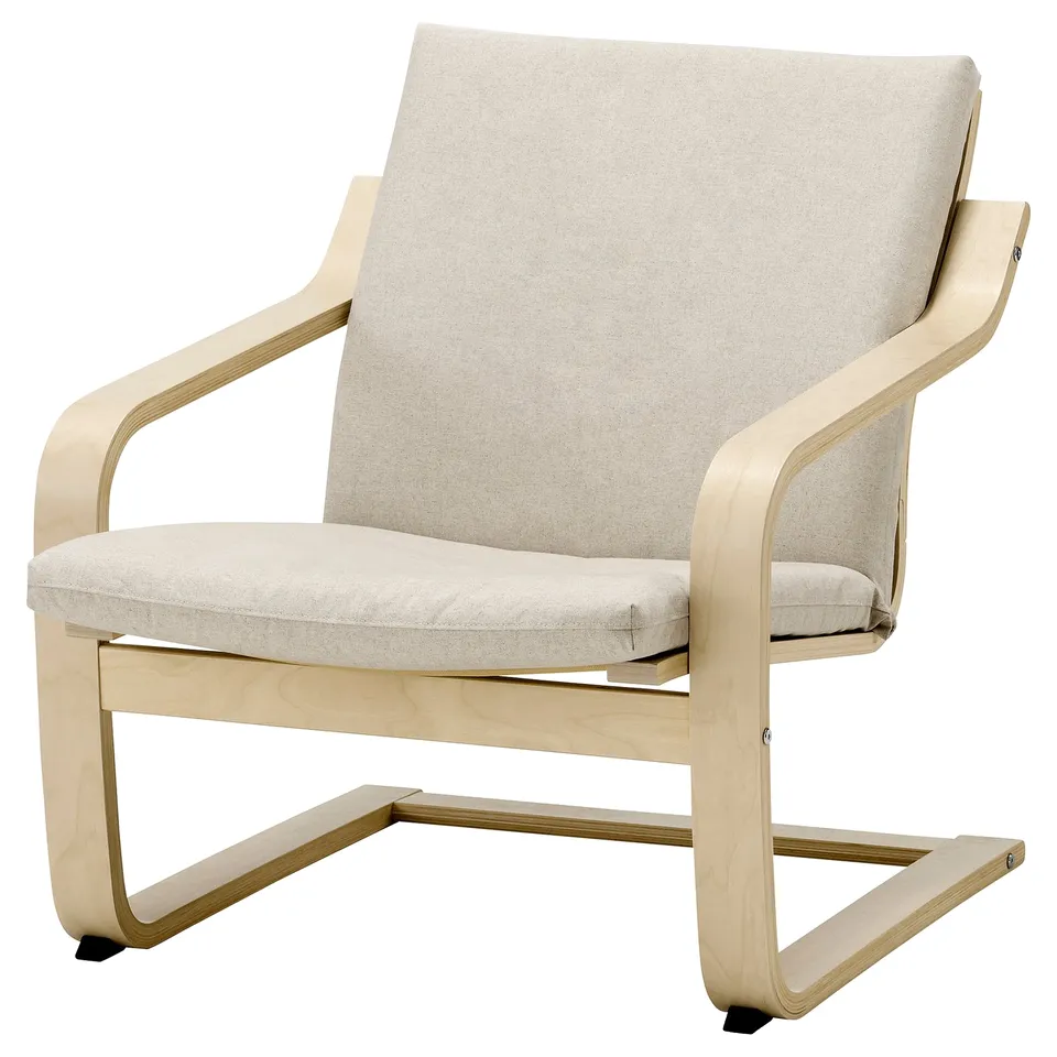 Light-colored POÄNG chair with light wood frame, beige cushion, curved back and armrests.