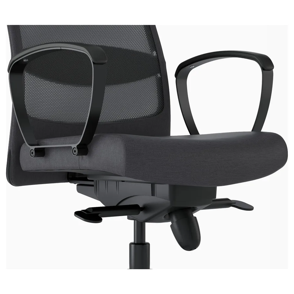 Office chair with adjustable armrests and seat height. Mesh back for breathability. Black colour.