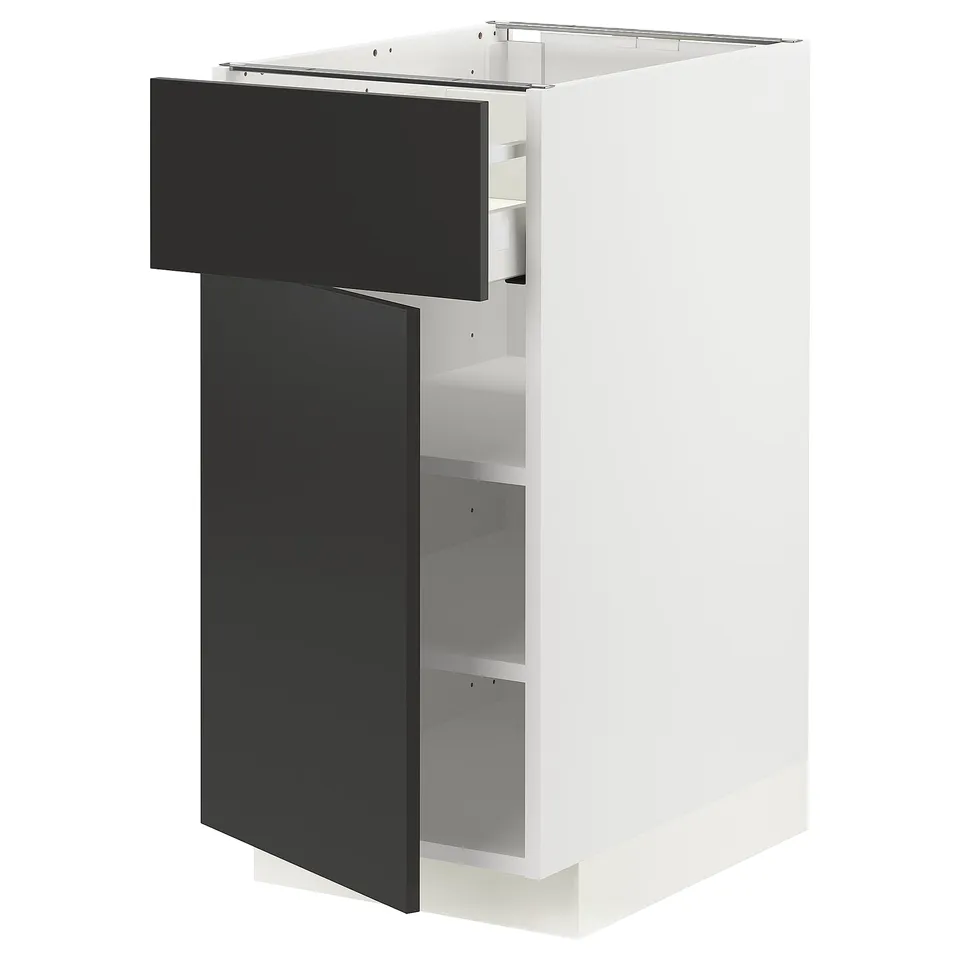 Modern black and white METOD kitchen cabinet with adjustable shelves.