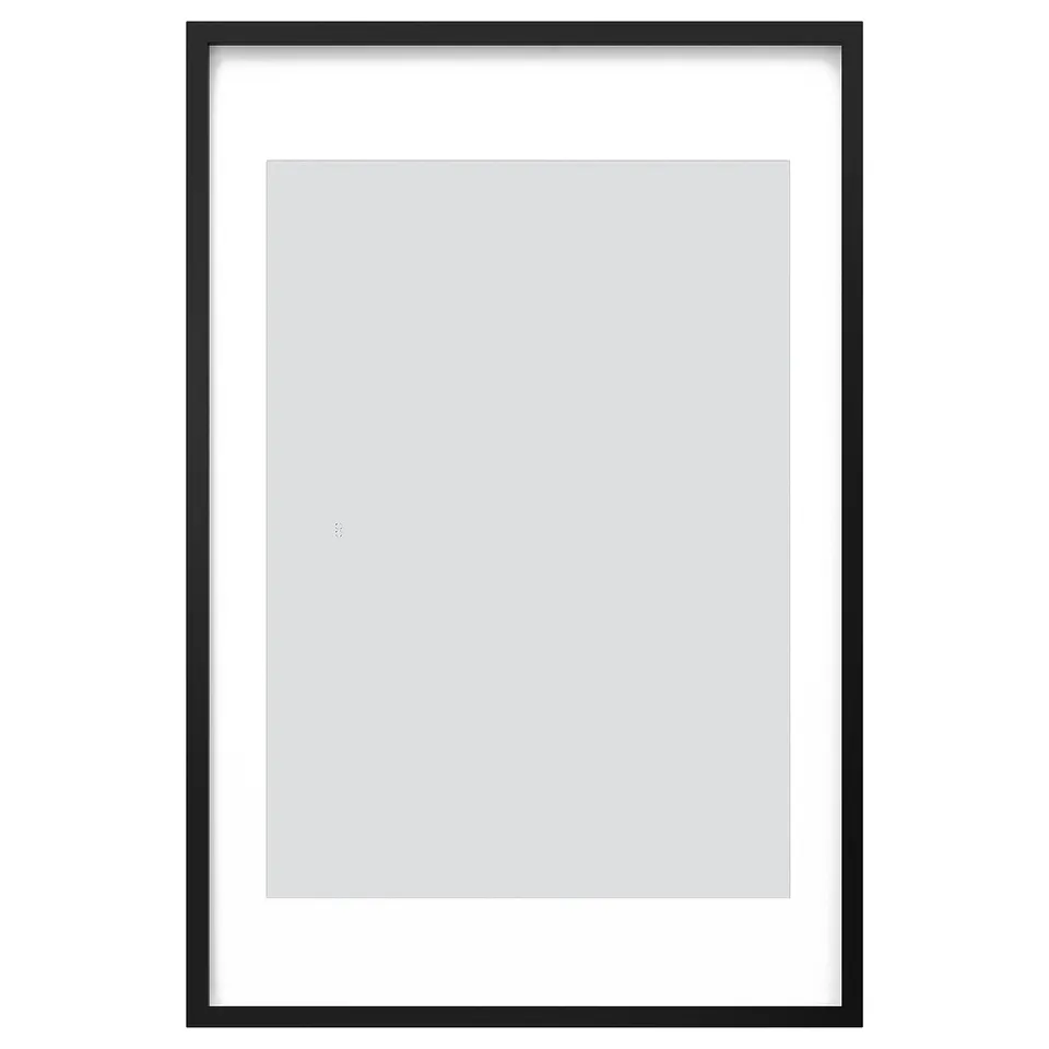 Black framed picture hanger with grey mat, minimalist design, rectangular shape.