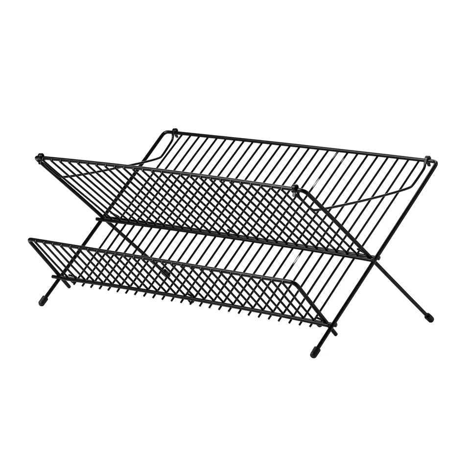 KVOT black wire dish drainer, folds for space saving, three tiers for plates, glasses, bowls.