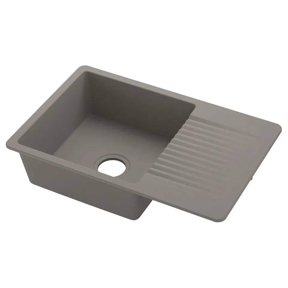 Grey, rectangular sink; single basin; smooth, quartz composite; modern design.