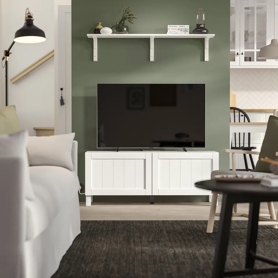 BESTÅ TV bench with doors, white/Pipmakare white, 120x42x48 cm