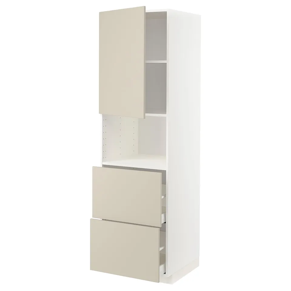 Modern kitchen cabinet, METOD brand, in beige and white, featuring two drawers and a high cabinet with a smooth, clean look.