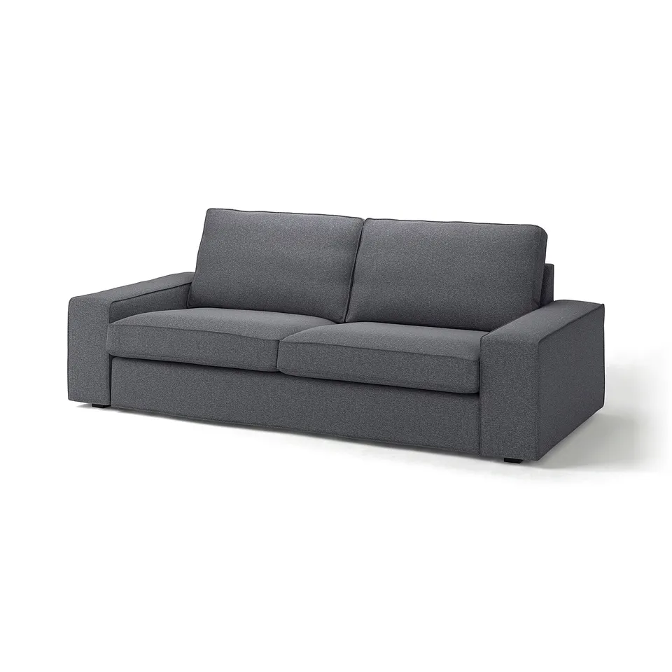 Modern grey KIVIK sofa with boxy design, square cushions, low armrests, and minimalist style.