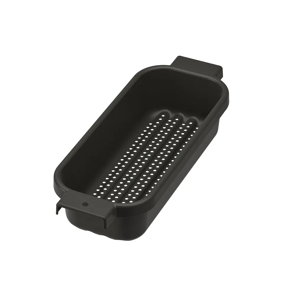 Black LILLHAVET colander, rectangular with handles, made of plastic, for draining and organising kitchen items.