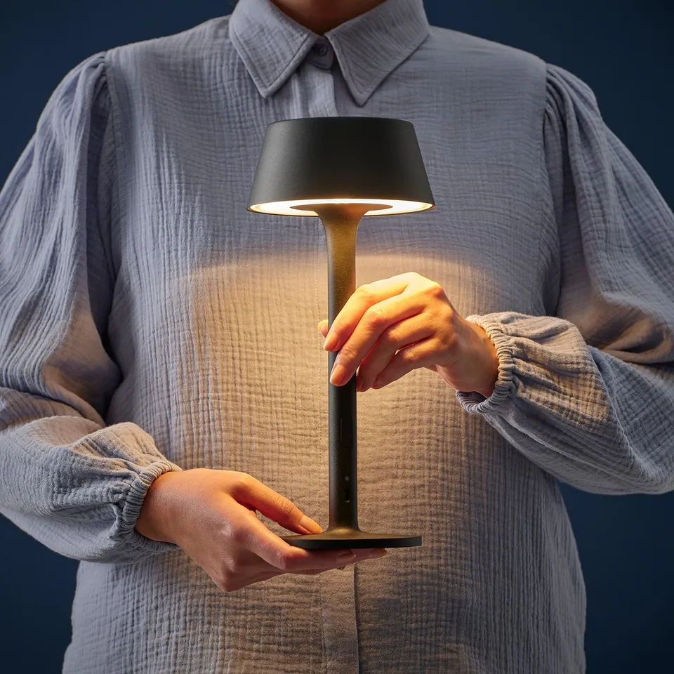 Person holding portable lamp with warm light, adjustable brightness.