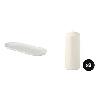 FENOMEN/TURTURDUVA set: candle dish + unscented pillar candle x3