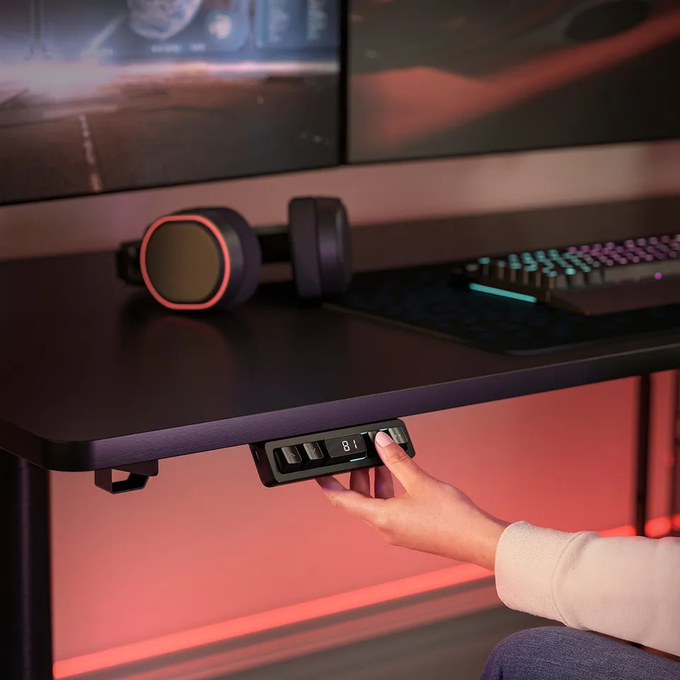 MÅLOMRÅDE Gaming desk sit/stand, with monitor arms/electric black, 180x80 cm