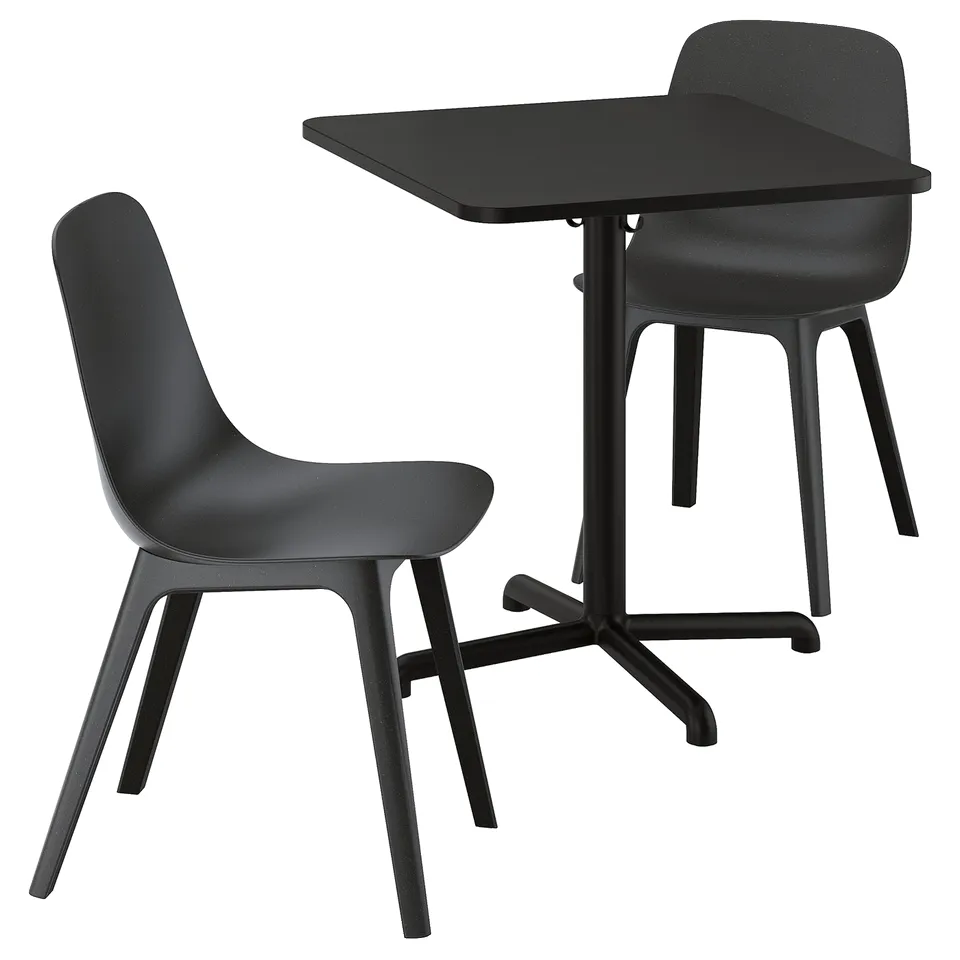 A black STENSELE table set with a square table and two chairs. The table has a star base, and the chairs have a curved seat and four legs.