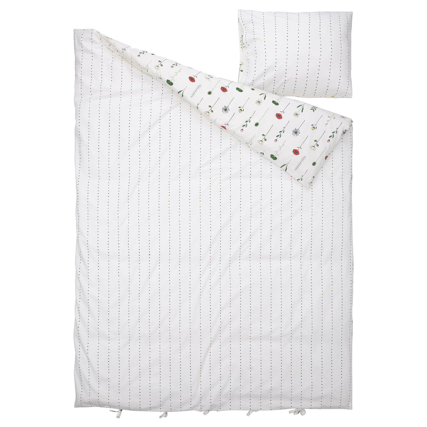 A NATTSLÄNDA duvet cover set, white with floral or dotted patterns, cotton and lyocell, rectangular with ties.