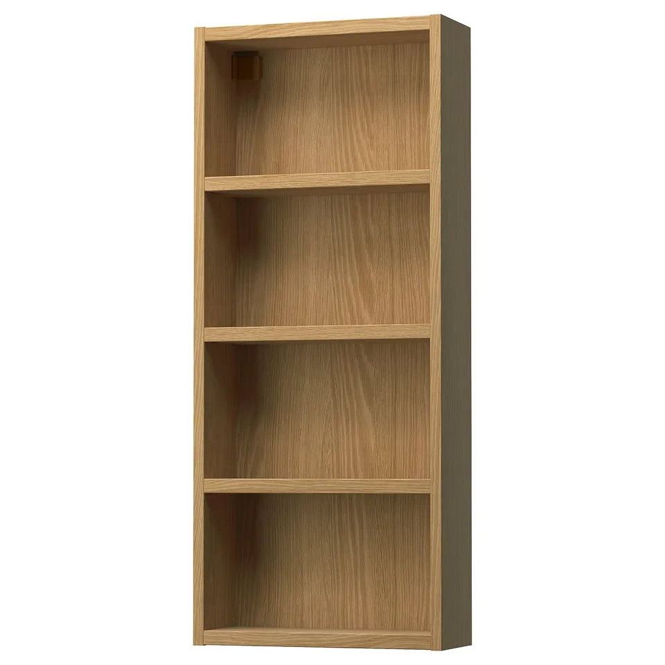 A wooden open wall cabinet named HAGAÅN. It four shelves and a natural oak finish. Ideal for bathroom storage.