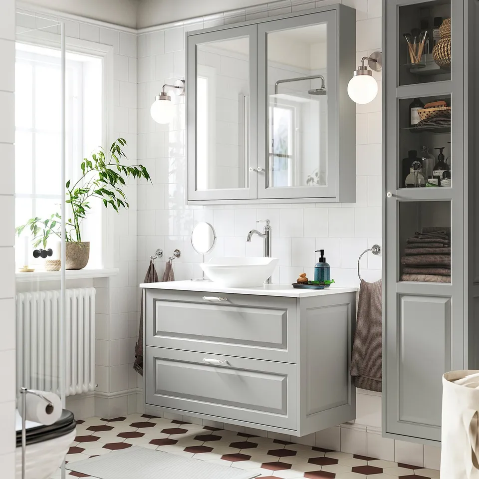 TÄNNFORSEN / VÄSTERSJÖN Wash-stnd w drawers/wash-basin, light grey/white marble effect, 102x49x79 cm