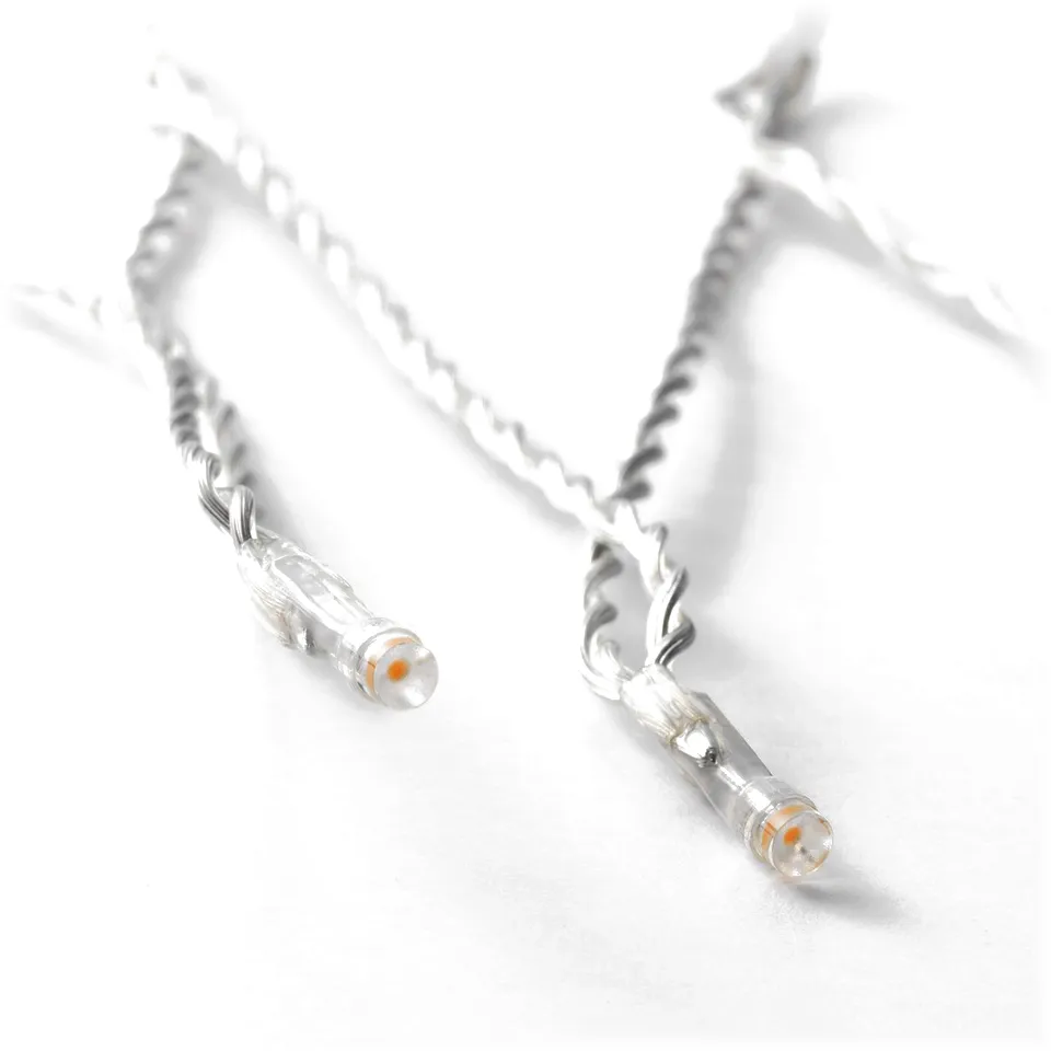 Close-up of incandescent light bulbs. Clear, twisted electrical cord. Two bulbs visibly lit, glowing warmly.