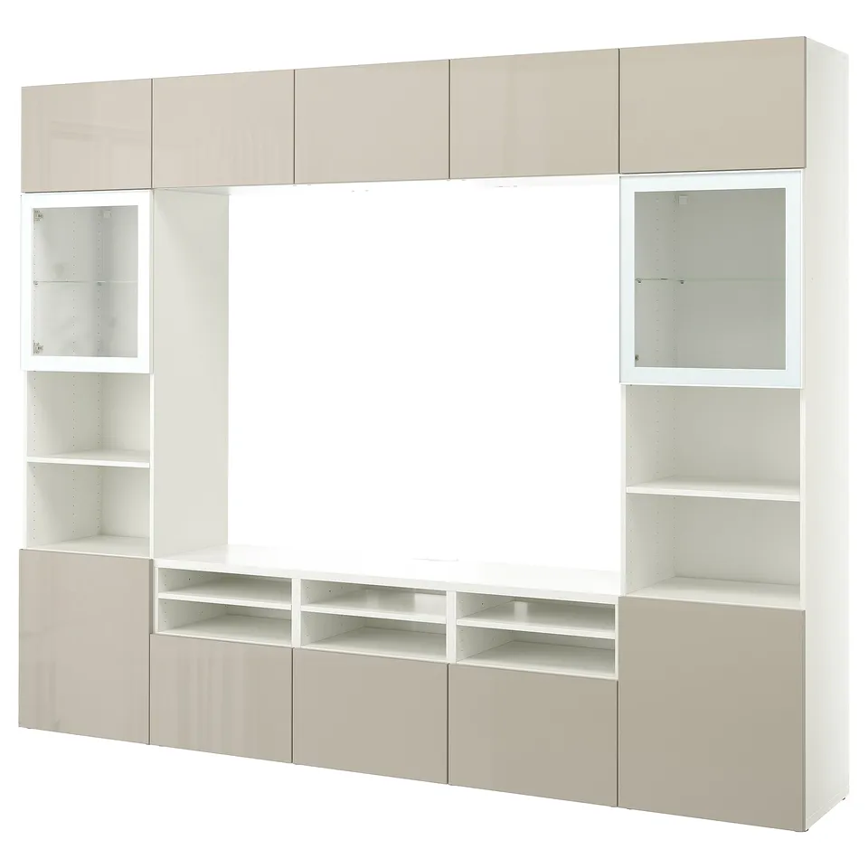 Modern white & beige tv unit with open shelves, closed cabinets, and glass doors.