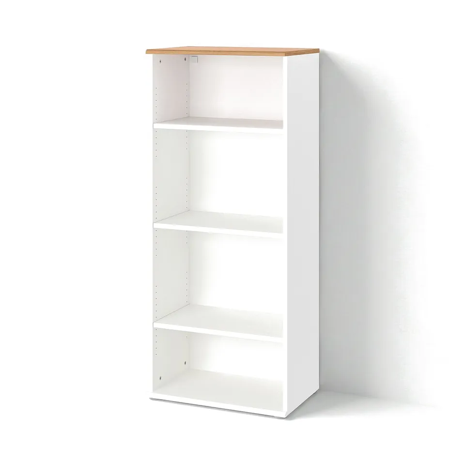 A white SKRUVBY bookcase with three shelves, wooden top, and modern design.