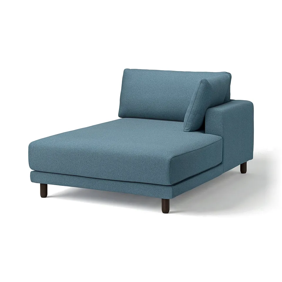 Blue UPPÅKRA chaise lounge, modern design, wooden legs, cosy fabric.