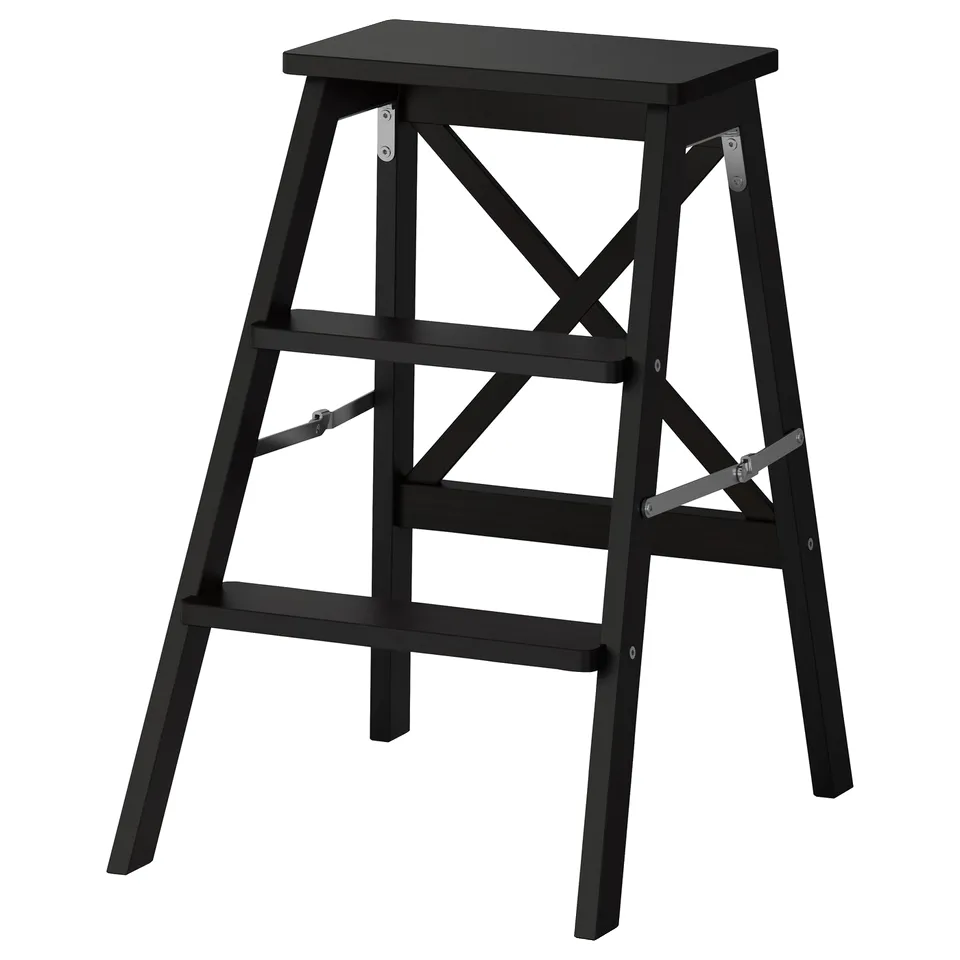 BEKVÄM stepladder: black, beech wood, rectangular, folds flat, four steps.