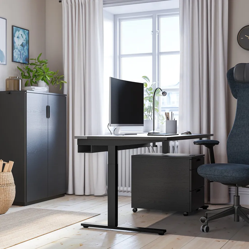Home office setup with MITTZON black desk, chair, and computer. Plant, storage, and floor lamp nearby.