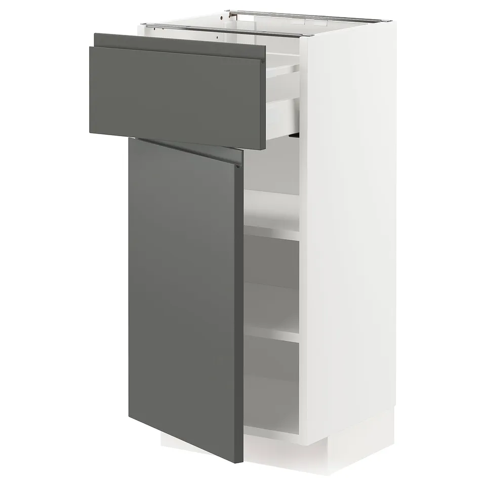 Modern kitchen cabinet with grey drawers and white body, sleek design.