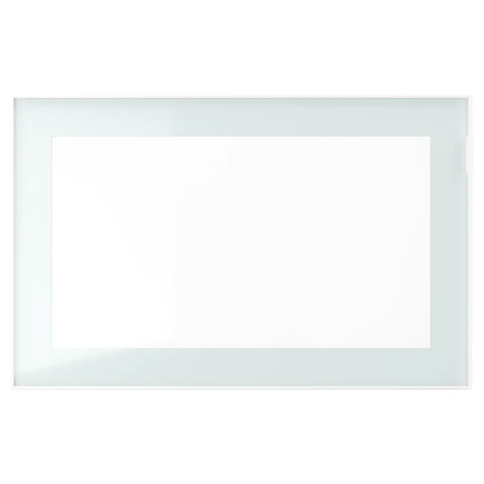 Depicts a BESTÅ glass-door cabinet in white with a rectangular shape and minimalist design.