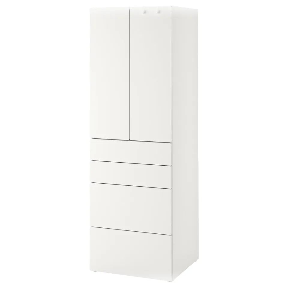 White SMÅSTAD wardrobe, tall with drawers, sleek modern design for storage.