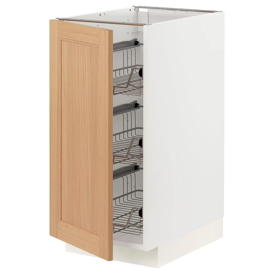 METOD kitchen cabinet, white & oak, wire shelves, pull-out baskets, 30cm wide, modern design.