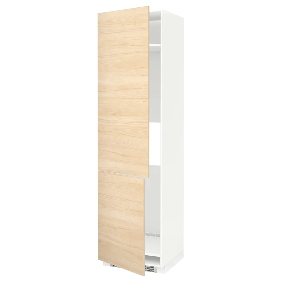 Light wood & white kitchen cabinet, tall and slim with adjustable shelf.