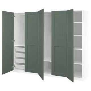 PAX / GRIMO wardrobe combination, white/grey-green, Width 250 x Depth 60 x Height 201.2 cm