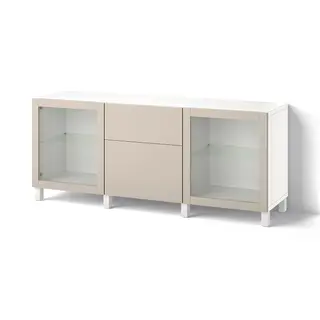 BESTÅ storage combination with drawers, white Lappviken/Stubbarp/light grey-beige clear glass, Width 180 x Depth 42 x Height 74 cm