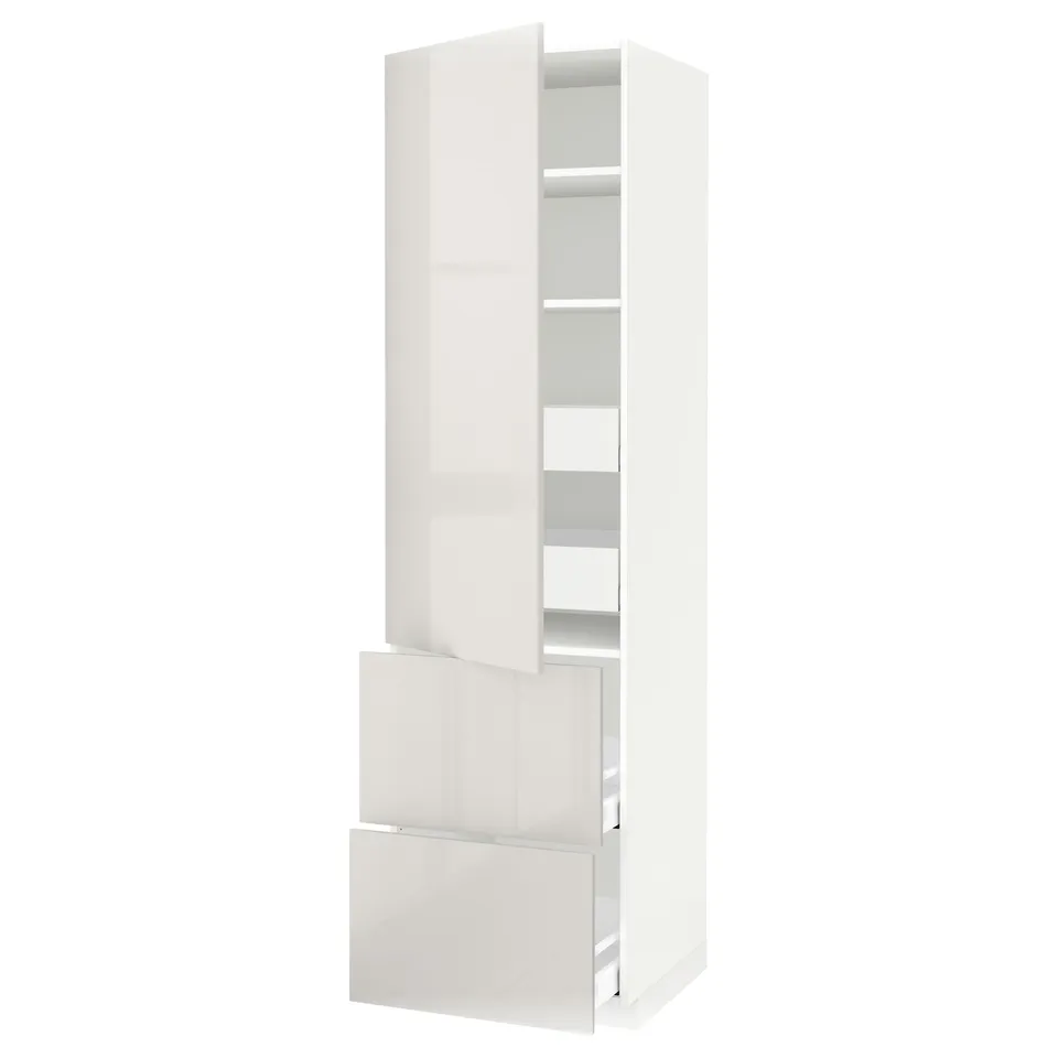 A white METOD high cabinet with glossy doors and shelves. It stands tall with a minimalistic design, offering modern storage for a kitchen.