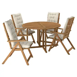 NÄMMARÖ table+4 reclining chairs, outdoor, light brown stained/Kuddarna light grey-beige