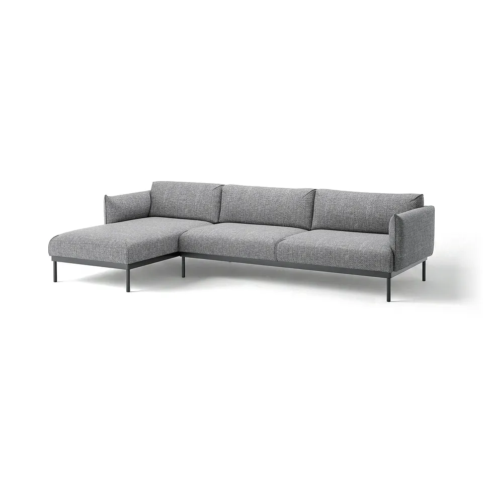 Elegant grey l-shaped ÄPPLARYD sofa with sleek legs, offering comfort and style.
