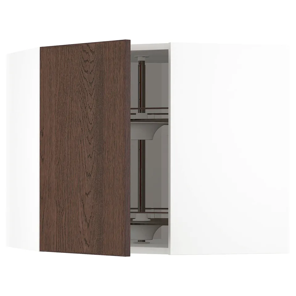 Image shows a modern kitchen cabinet. Its white with a dark brown wood grain door. The door is left open revealing glass shelves.
