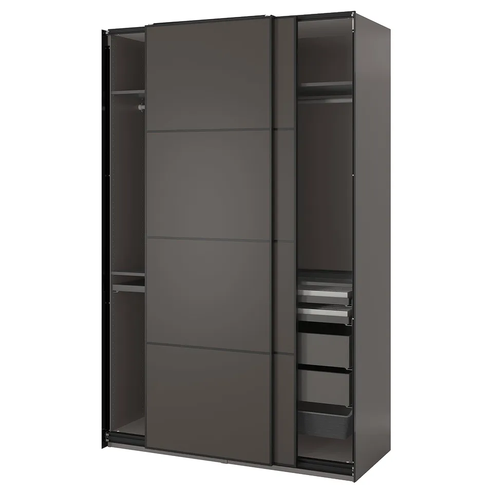A dark grey ikea PAX wardrobe with sliding doors, offering various storage solutions.