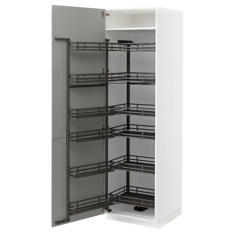 An open white METOD cabinet with pull-out shelves in light grey and black. It multiple storage levels and is designed for kitchen organisation.