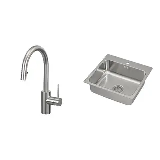 LÅNGUDDEN/SALLSJÖN set: inset sink, 1 bowl + kitchen mixer tap pull out