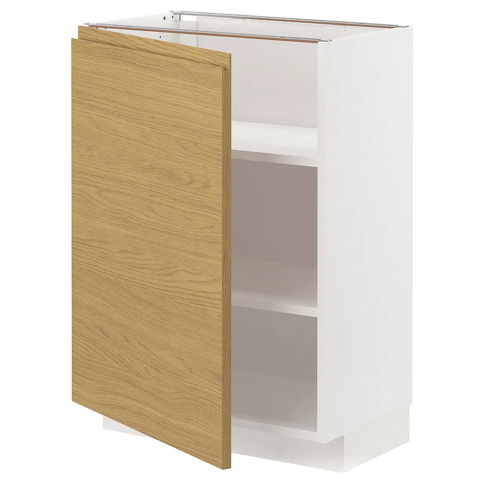 A white METOD kitchen cabinet with a wooden door, featuring a minimalist and warm design.