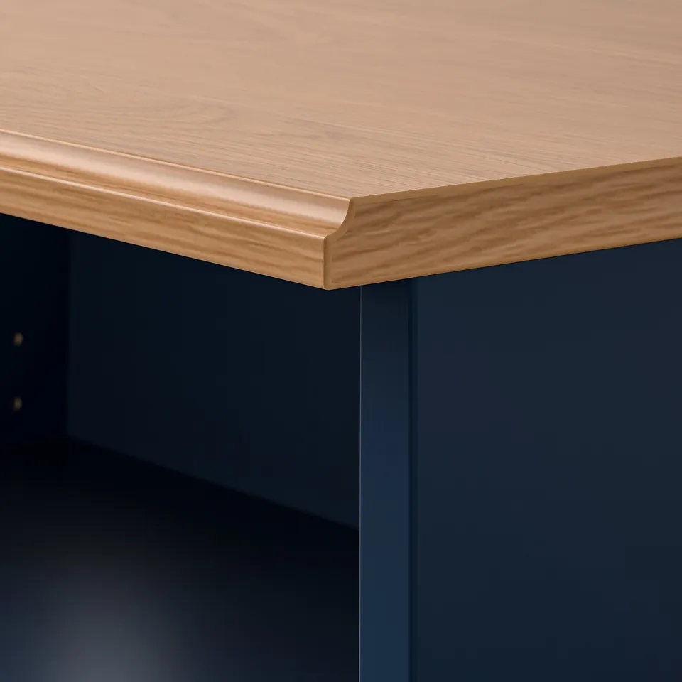 Light wood tabletop edge, smooth and polished, atop a dark blue base. Shows fine craftsmanship and solid construction.