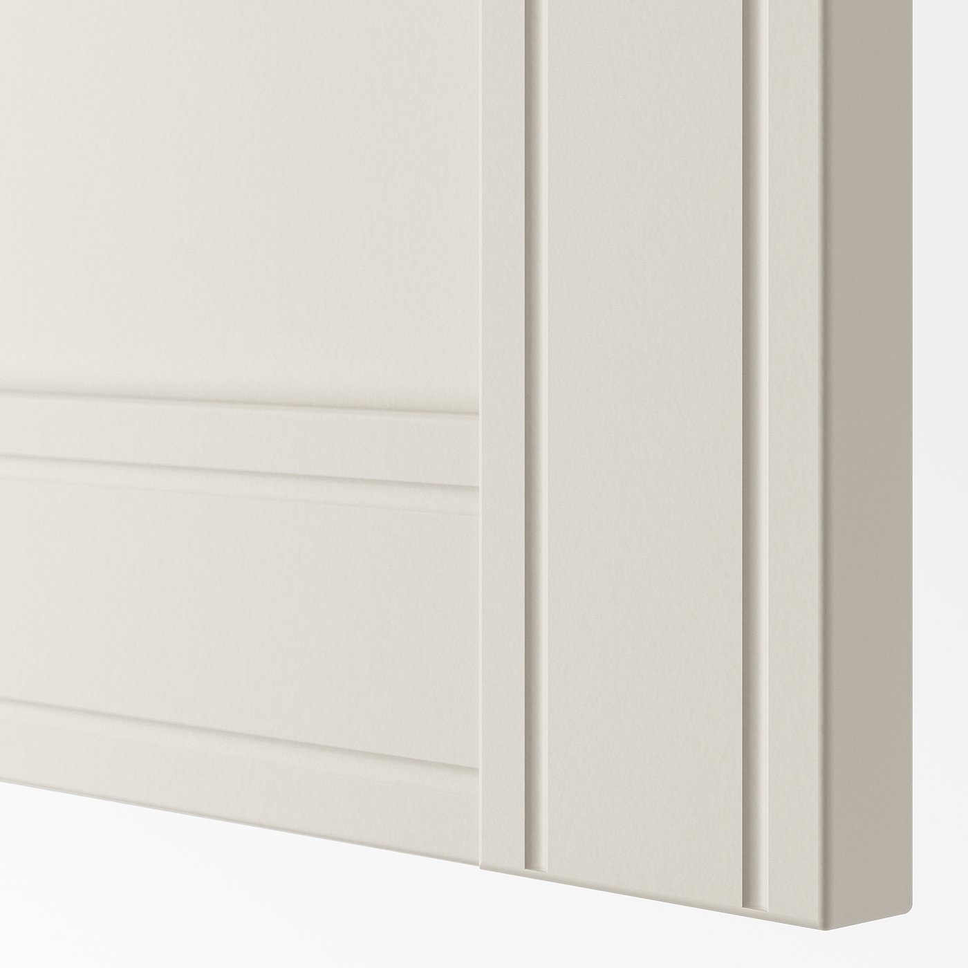 Off-white cabinet corner, smooth finish, clean edges.