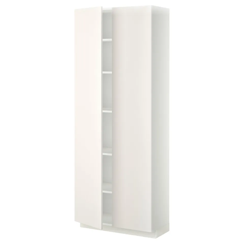 White tall kitchen cabinet from METOD series, minimalist design with smooth doors and adjustable shelves.